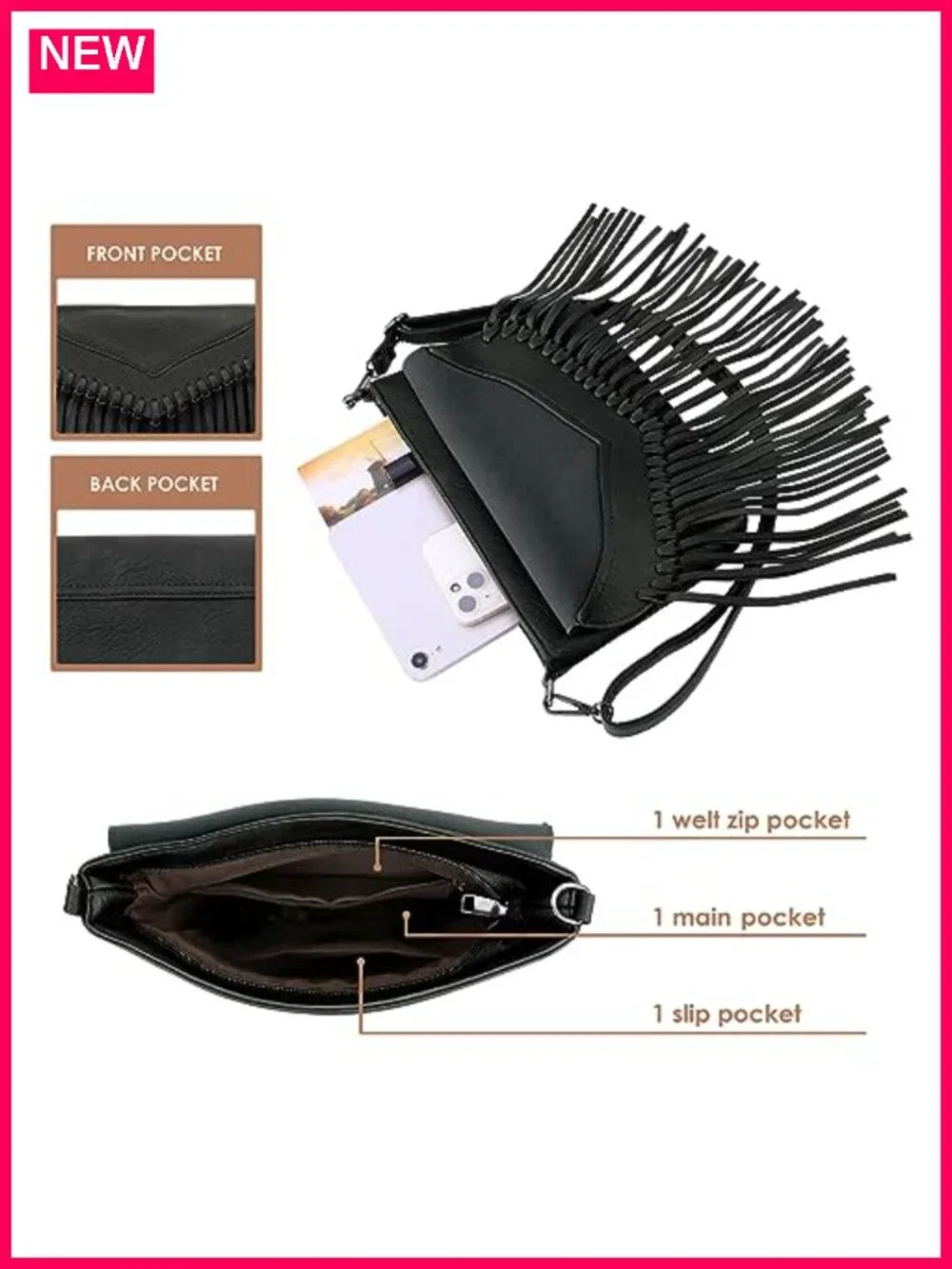PU Leather Hobo Fringe Crossbody Tassel Purse Vintage Flap Bag